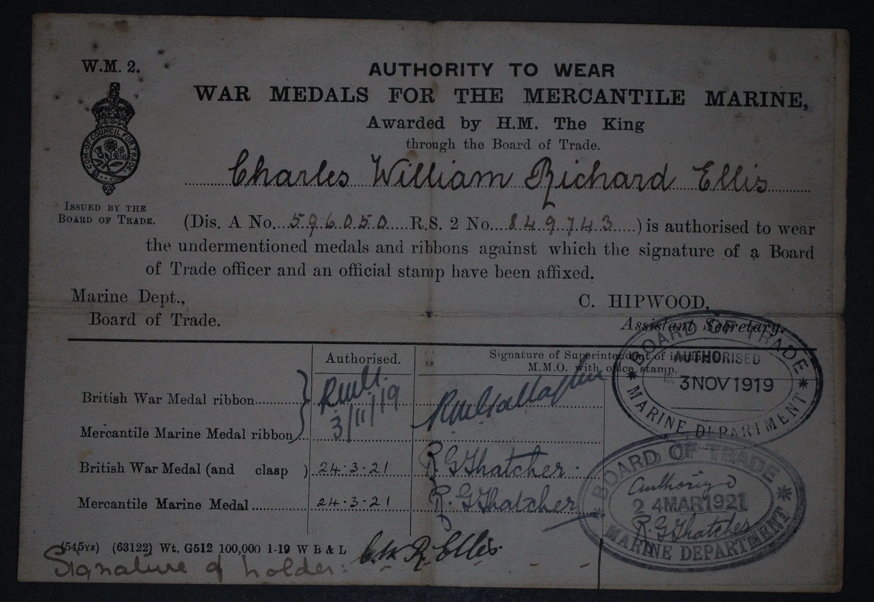 WW1. Mercantile Marine pair & certificate. Ellis. - Image 3